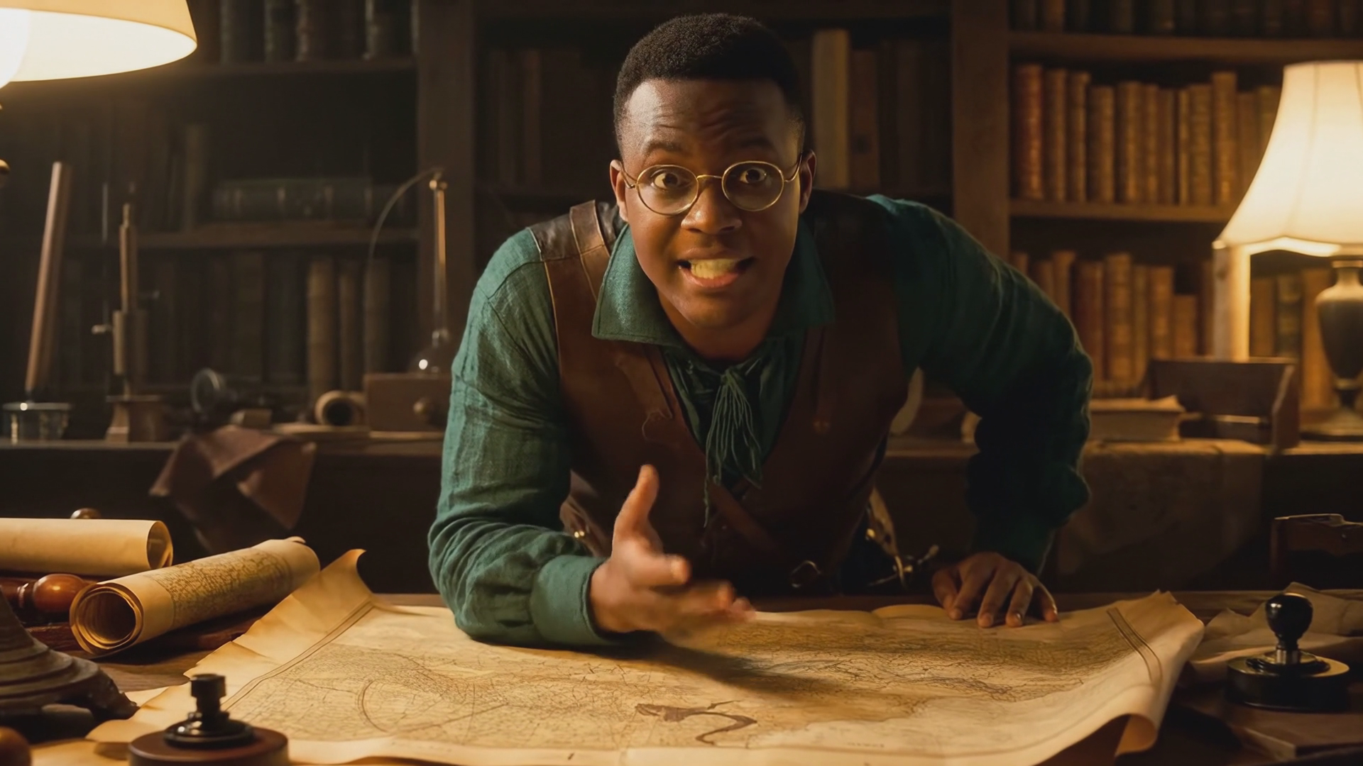 A young black man with glasses looks over an old map in an old library. He looks up and says 'According to this old sea chart, the lost island isn't myth. We must prepare an expedition immediately'