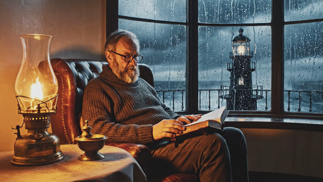 Slow dolly-in on a lighthouse keeper reading by lamplight as a storm builds outside the window, warm interior light against cold blue dusk, rain against glass, distant thunder