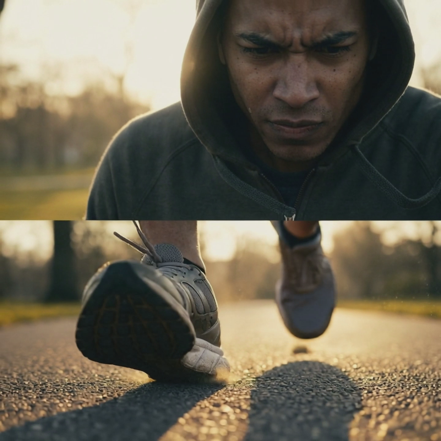 Athlete mid-workout with intense focus, dramatic lighting, sweat glistening, powerful fitness motivation, never give up energy