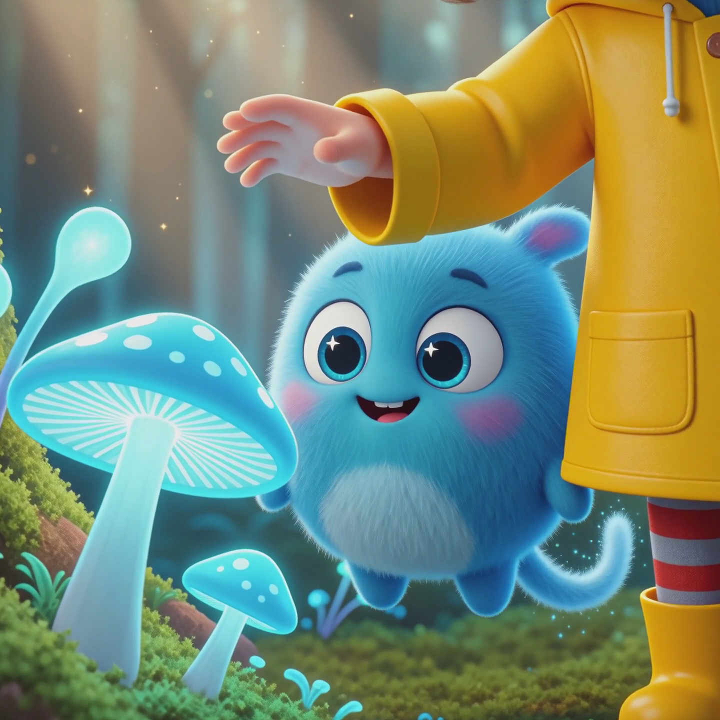 3D cartoon animation of a girl reaching out in a magical mushroom forest with her floating blue pet