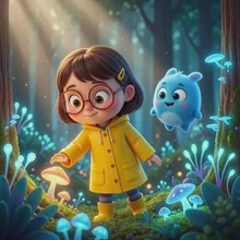 Animated girl in a magical mushroom forest, created with VideoGen