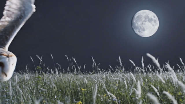 Nature documentary shot of a barn owl gliding silently over a moonlit meadow, slow motion feather detail, hushed narrator tone ambience