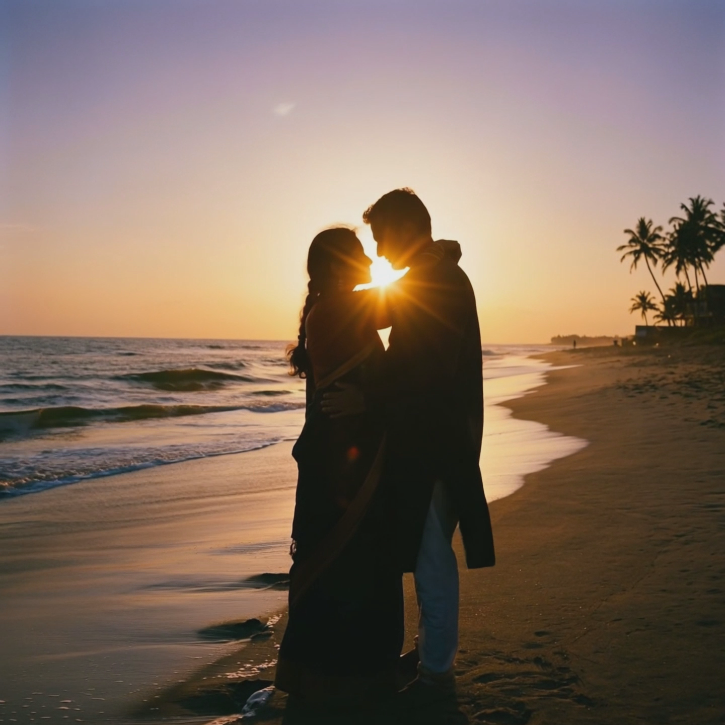 A romantic couple embracing in golden hour sunlight, warm cinematic tones, intimate love story moment, soft lens flare