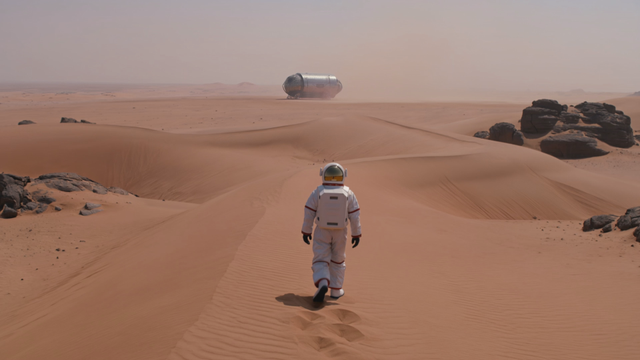 Cinematic wide shot of an astronaut walking through red desert dunes toward a distant landing capsule, heat shimmer, dramatic score