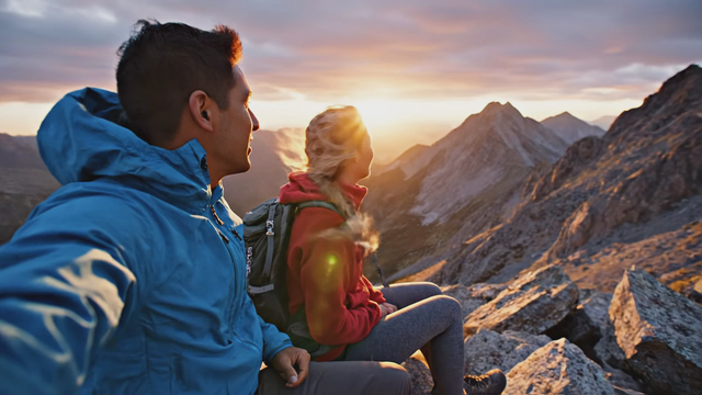 Two hikers rest on a summit at golden hour, one points at the horizon and says 'Told you it was worth it', wind flapping jackets, distant birds, handheld camera feel