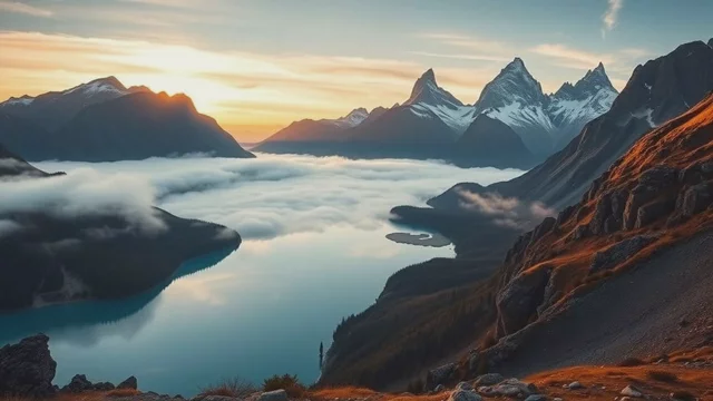 Morning mist drifts across the alpine lake as the sunrise glow strengthens, gentle ripples move through the reflection of the peaks