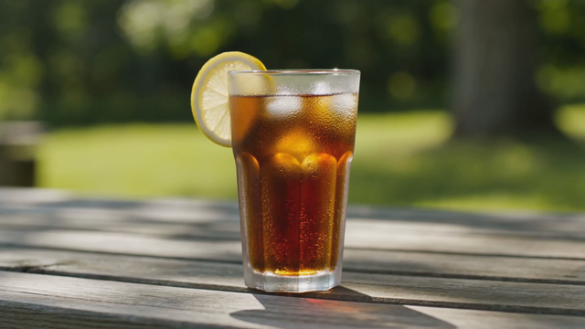 A glass of iced tea knocked off a picnic table in slow motion, liquid and ice separating mid-air, condensation droplets catching sunlight, grass below, ambient summer sounds