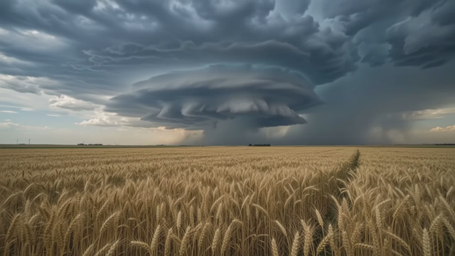 Time-lapse of a supercell thunderstorm rolling over wheat fields, lightning strikes with synchronized thunder, wind rippling the crops