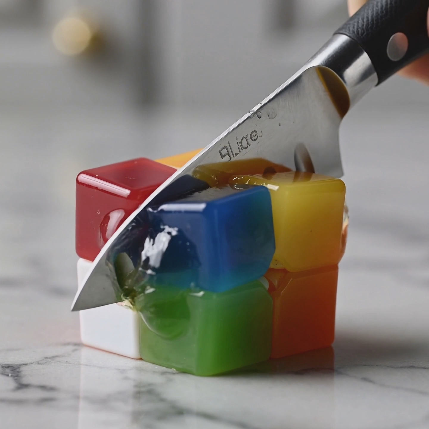 A knife cuts through a glass jello mini colorful Rubik's cube. ASMR