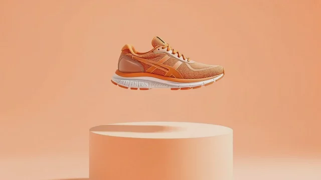 The orange sneaker rotates slowly above the podium, studio lights glinting off the mesh, soft shadow turning beneath it
