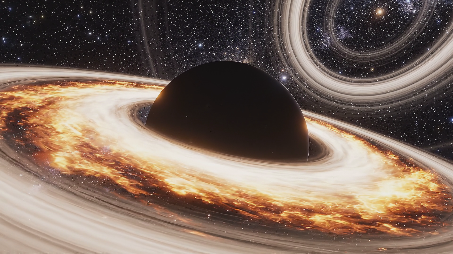 Cinematic visualization of a supermassive black hole. Light bends dramatically around the event horizon as the glowing accretion disk swirls. Stars in the background warp and stretch from gravitational lensing.