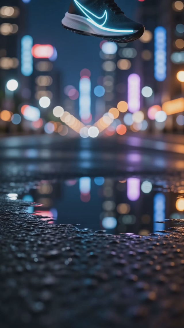 Vertical 9:16 clip: a neon running sneaker drops into a shallow puddle in extreme slow motion, crown splash rising around the sole, bass hit on impact, city lights bokeh behind