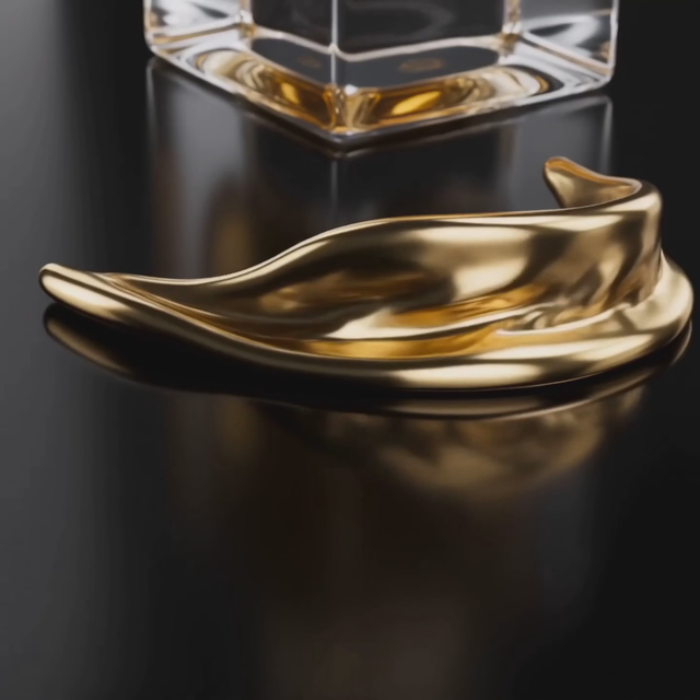 Luxury perfume commercial: liquid gold ribbons swirl around a crystal bottle in slow motion, then snap into the logo etching as orchestral swell peaks