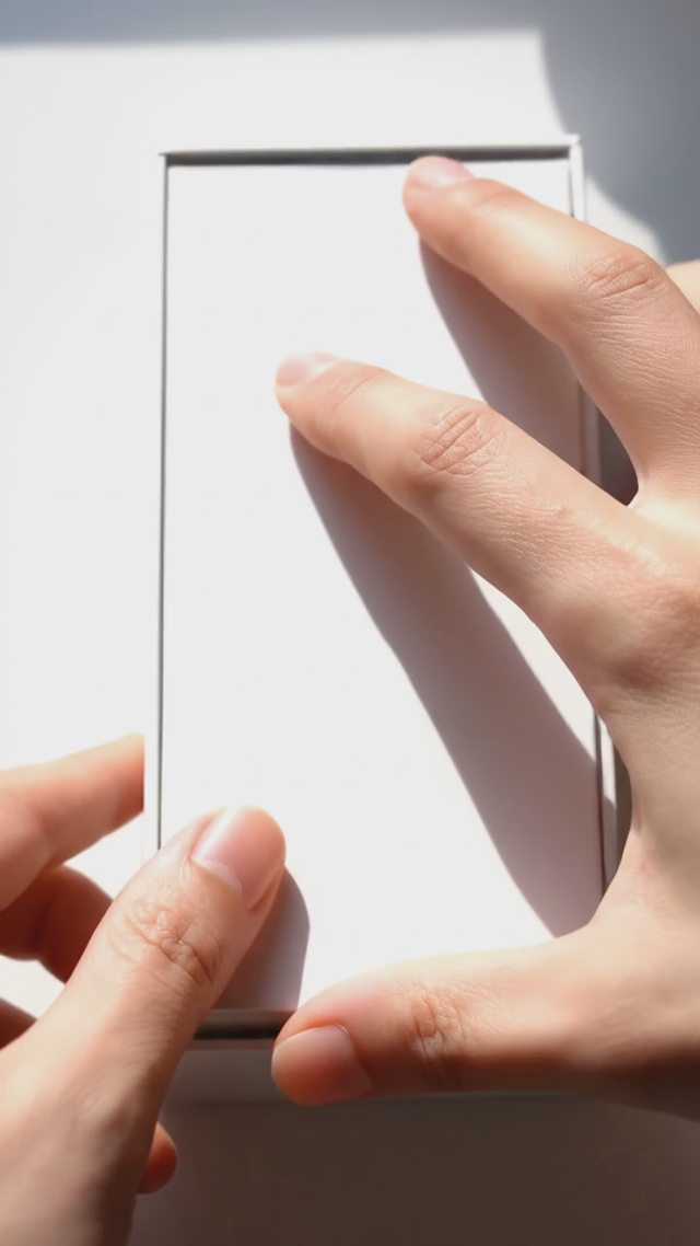 Vertical close-up of hands unboxing [a pastel smartwatch], crisp paper sounds, satisfying peel of the screen protector, soft daylight from the left