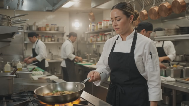 A chef in a busy kitchen flambes a pan, flames leap up, she grins at the camera and says 'And that is how you get the smoky finish', ambient kitchen sounds