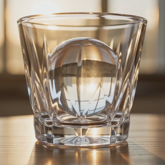 Macro shot of cold brew coffee poured over a sphere of ice in a crystal glass, slow swirls of cream blooming through the dark coffee, soft cafe jazz, morning window light