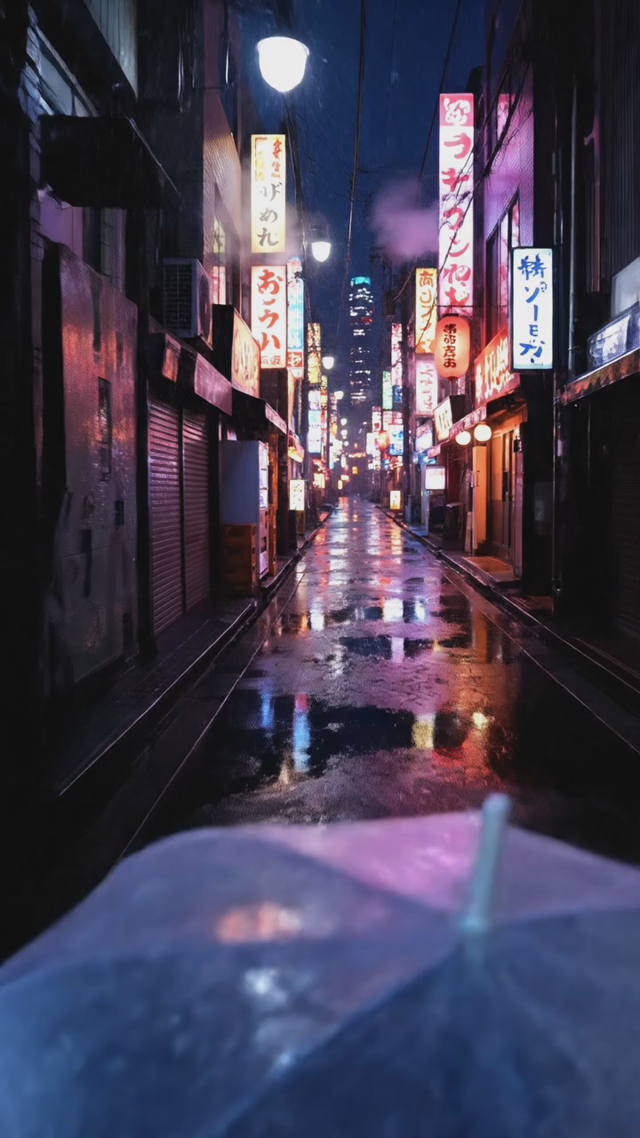 Vertical POV shot walking through a Tokyo alley in light rain at night, neon reflections on wet pavement, umbrella tapping sounds, lo-fi beat ambience
