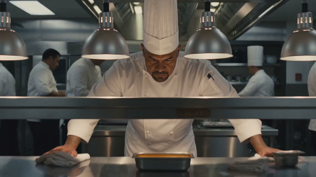 A head chef leans over the pass, tastes the sauce and calls out 'More lemon, thirty seconds!', clattering pans and ticket printer chatter, steam rising under heat lamps