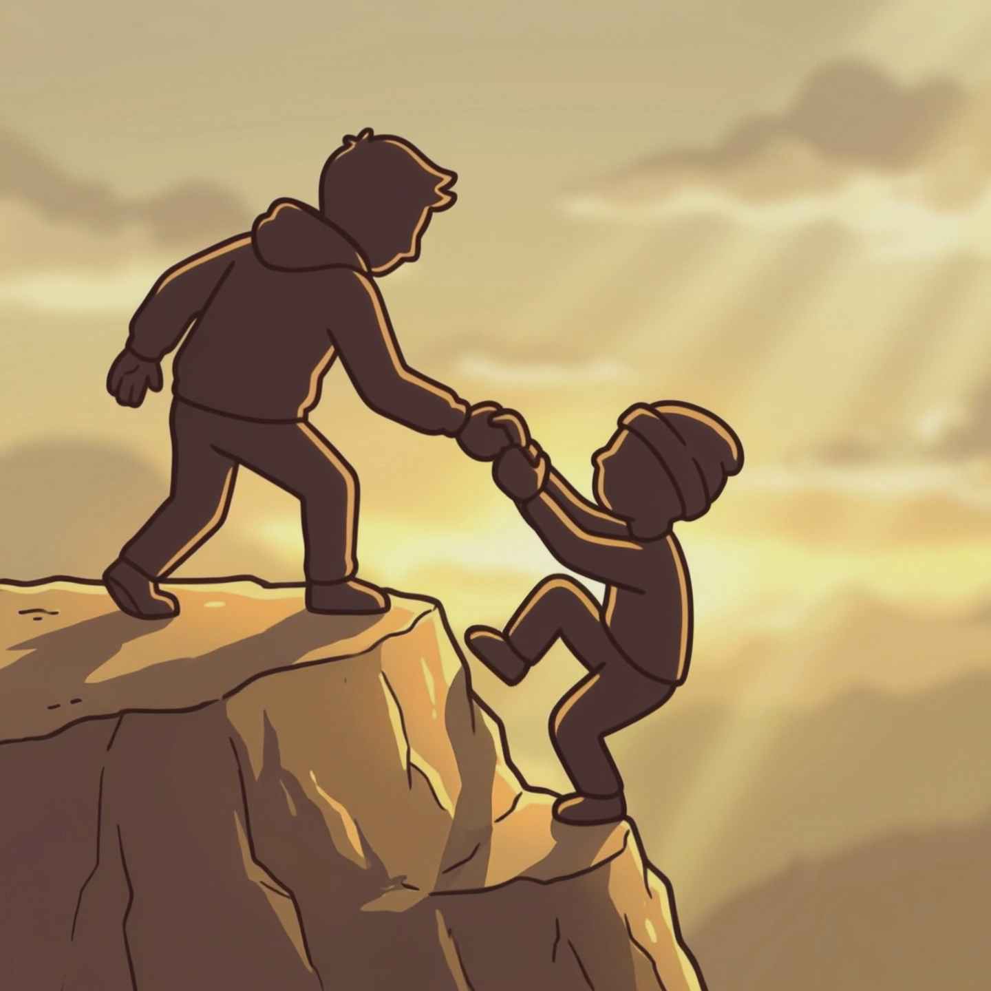 A person being lifted up by others, triumphant uplifting moment, warm lighting, celebration of support and community
