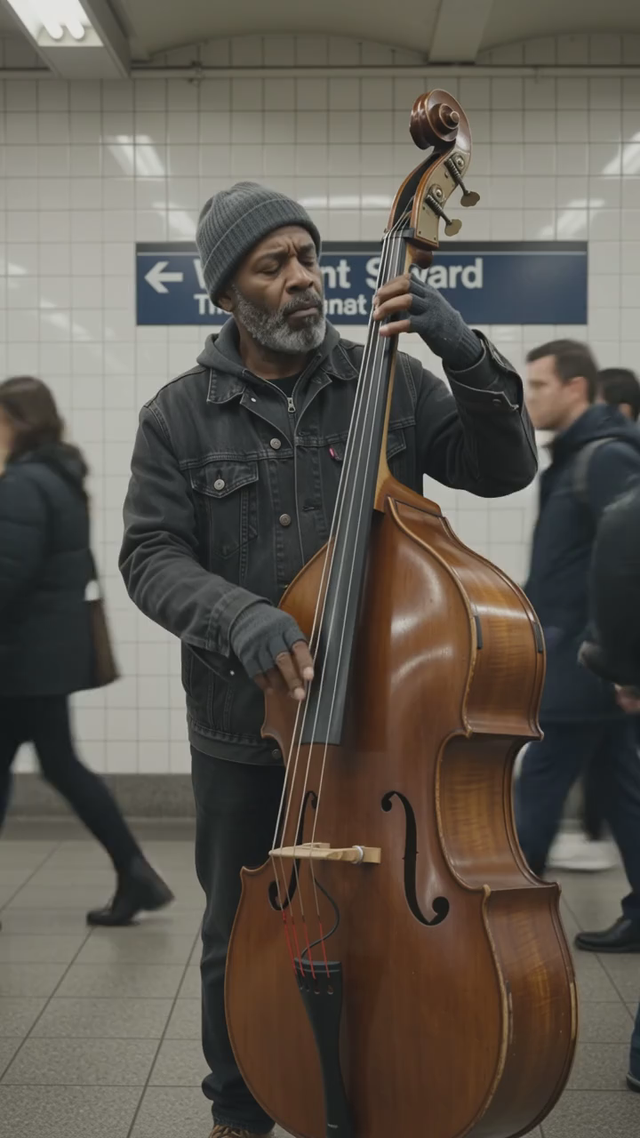 Vertical video of a street musician playing upright bass in a subway station, the plucked bassline echoes off the tiles, commuters pass in motion blur