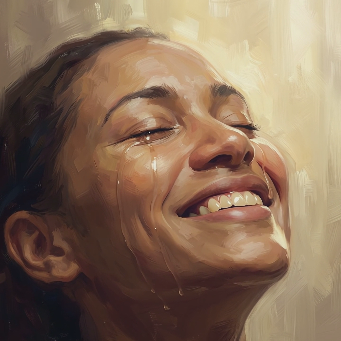Close-up of a person with tears streaming down their face, golden sunlight illuminating their features, emotional cinematic moment, shallow depth of field