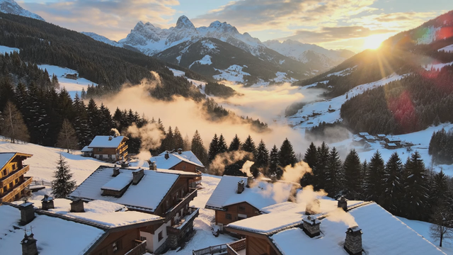 Aerial establishing shot descending toward a mountain village at dawn, mist in the valleys, smoke rising from chimneys, soft orchestral ambience, gentle continuous camera descent