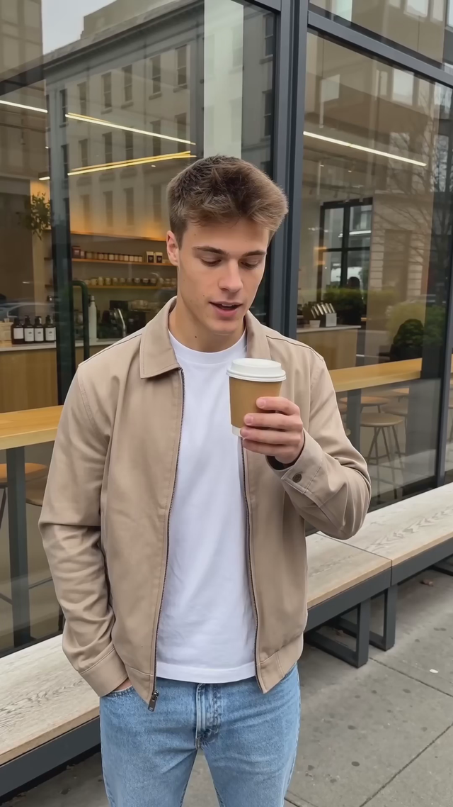 Vertical street-style interview setup outside a coffee shop, a stranger grins at the camera and says 'Okay that's actually good', natural city ambience, morning light