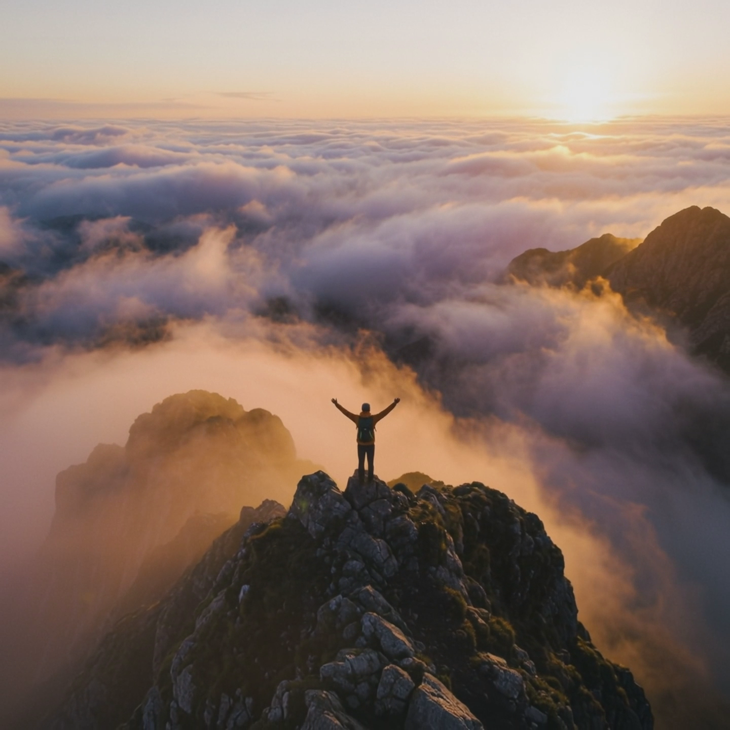 A hiker reaches the summit of a mountain, arms raised in triumph, dramatic clouds and sunrise in the background, epic cinematic achievement moment
