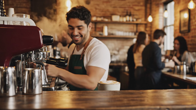 A barista slides a latte across the counter and says 'This one's on the house', cozy cafe ambience with espresso machine hiss and low chatter, warm tungsten light