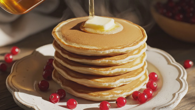 Overhead slow-motion shot of honey drizzling onto a stack of golden pancakes, steam rising, morning kitchen light, soft acoustic guitar