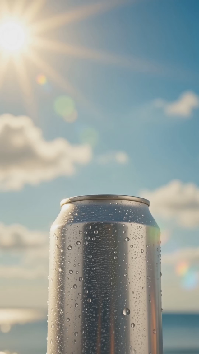 Vertical 9:16 clip: [a canned sparkling water] cracked open in extreme close-up, fizz erupting in slow motion against a summer sky, crisp carbonation sounds