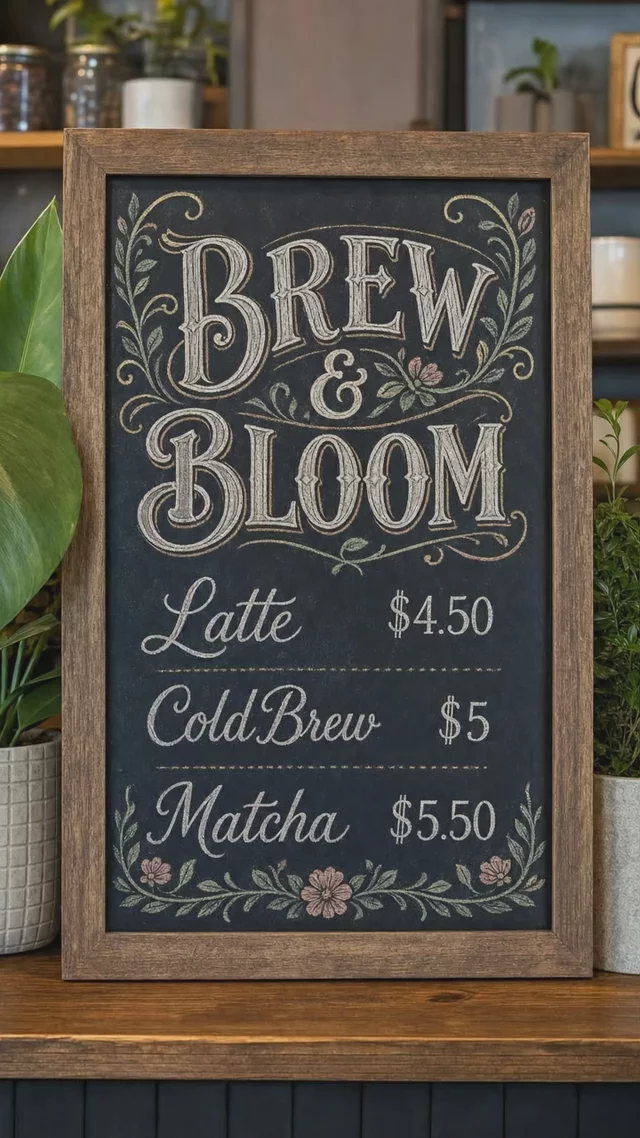Slow cinematic push-in on the cafe chalkboard menu, the potted plants swaying softly, warm morning light shifting across the wall