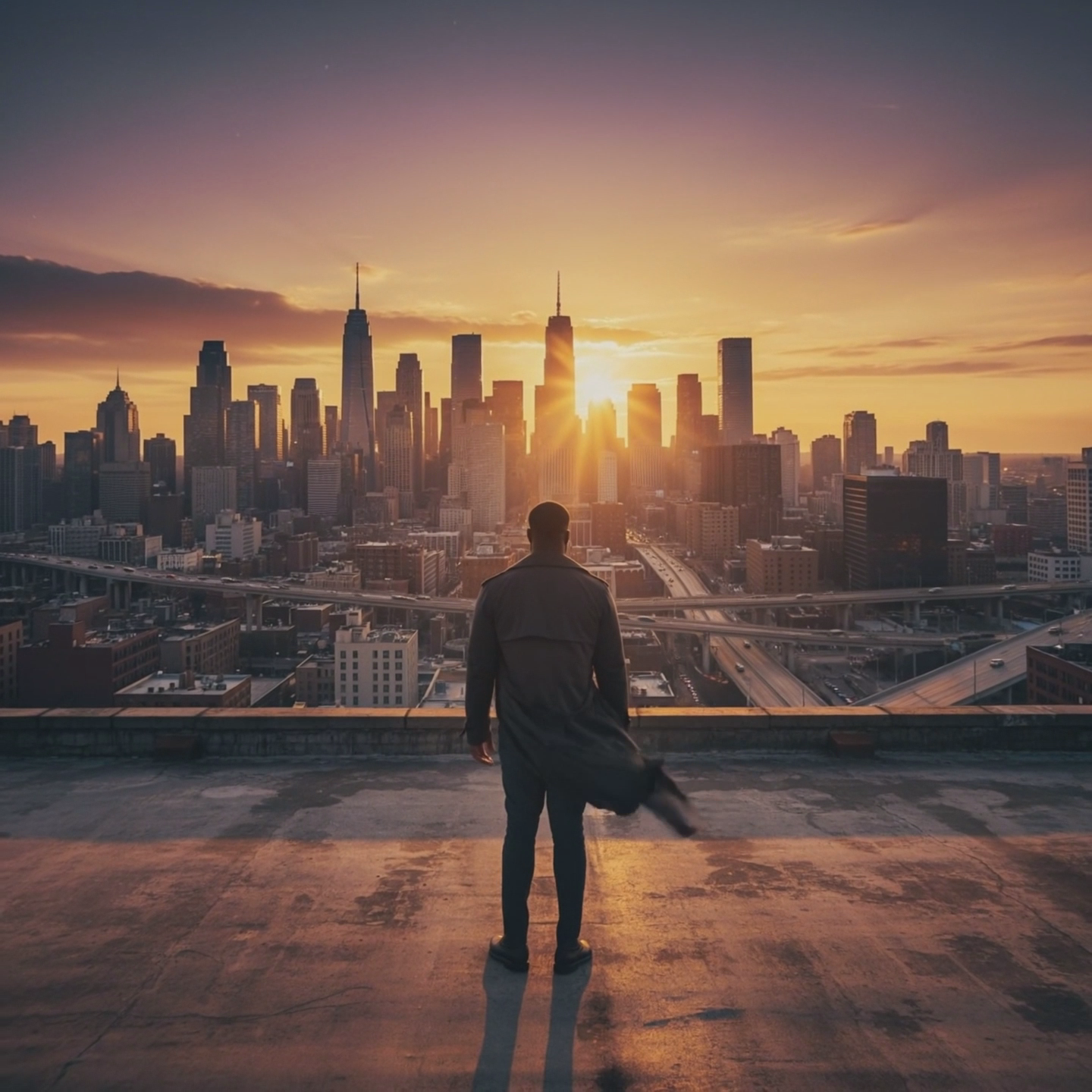 A man stands over a ledge overlooking a large city. The sun shines through the buildings and the wind moves his shirt
