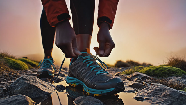 A runner ties [brand-name trail shoes] at sunrise on a foggy ridge, macro detail of the laces pulling tight, then a wide shot as she sprints toward the light, driving percussion builds