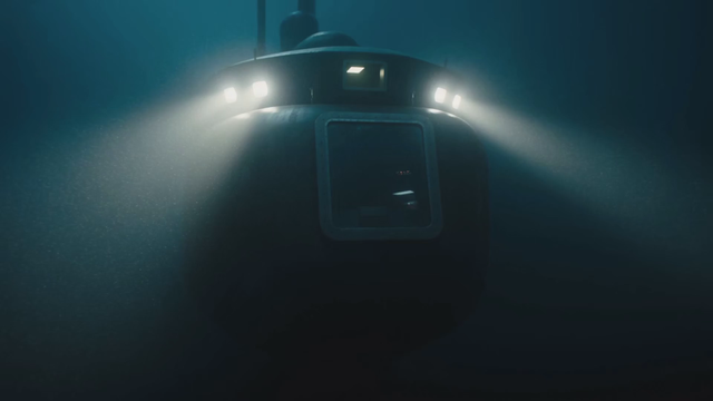 A deep sea submersible pilot leans toward the viewport and says 'There it is, the old wreck', beams of light cutting through dark water, sonar pings echoing softly