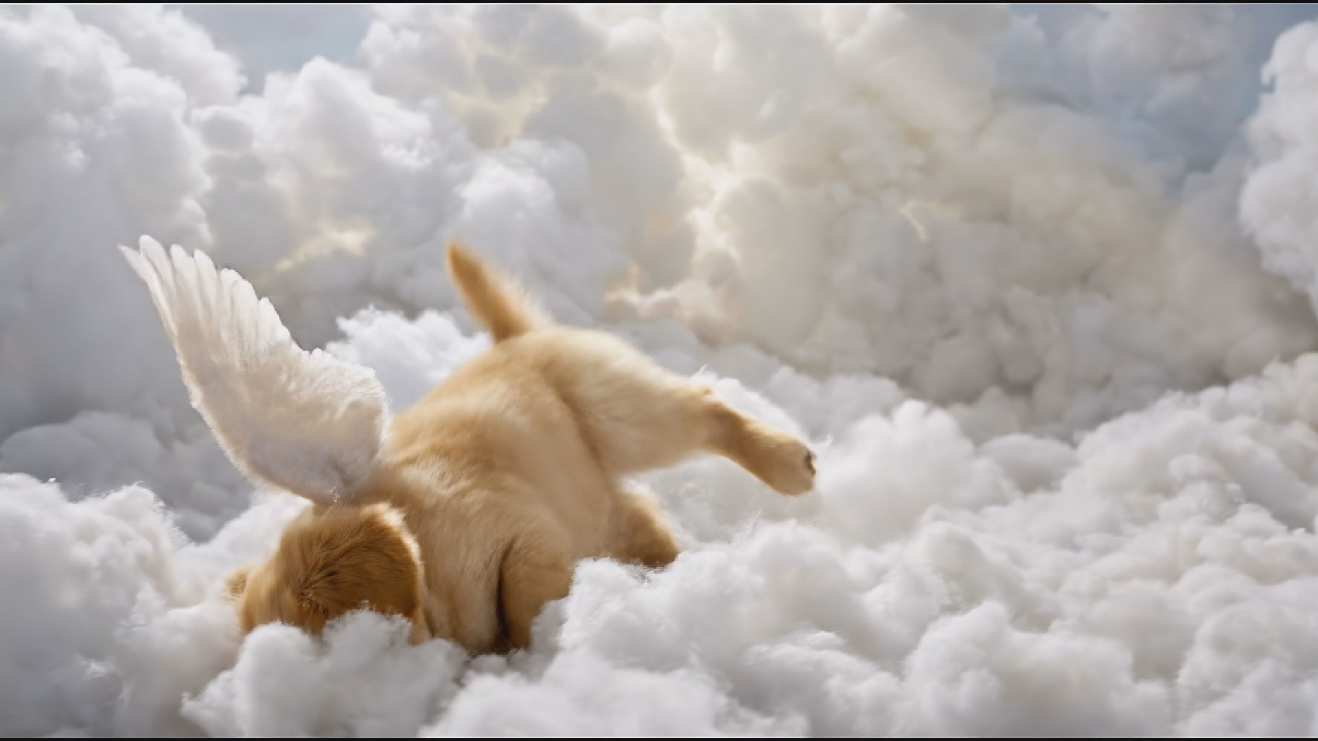 A fluffy golden retriever puppy with tiny angel wings bounces playfully on soft clouds. It trips, tumbles, then looks at the camera with a goofy smile. Dreamy sunlit sky, photorealistic.