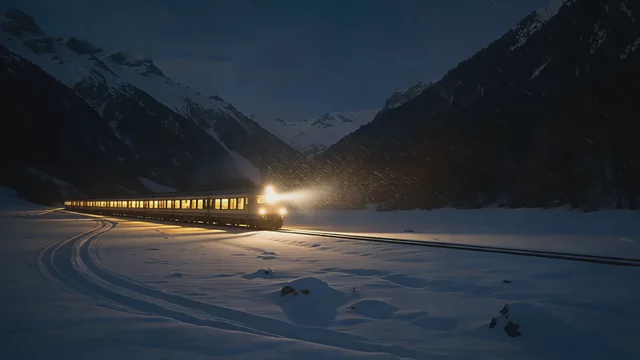 Một chuyến tàu ngủ lướt qua thung lũng Alpine phủ đầy tuyết vào ban đêm, những ô cửa sổ cabin ấm áp lướt qua, những bông tuyết bay trôi trong chùm đèn pha, một cảnh quay dài không ngắt quãng với chuyển động mượt mà như bơ