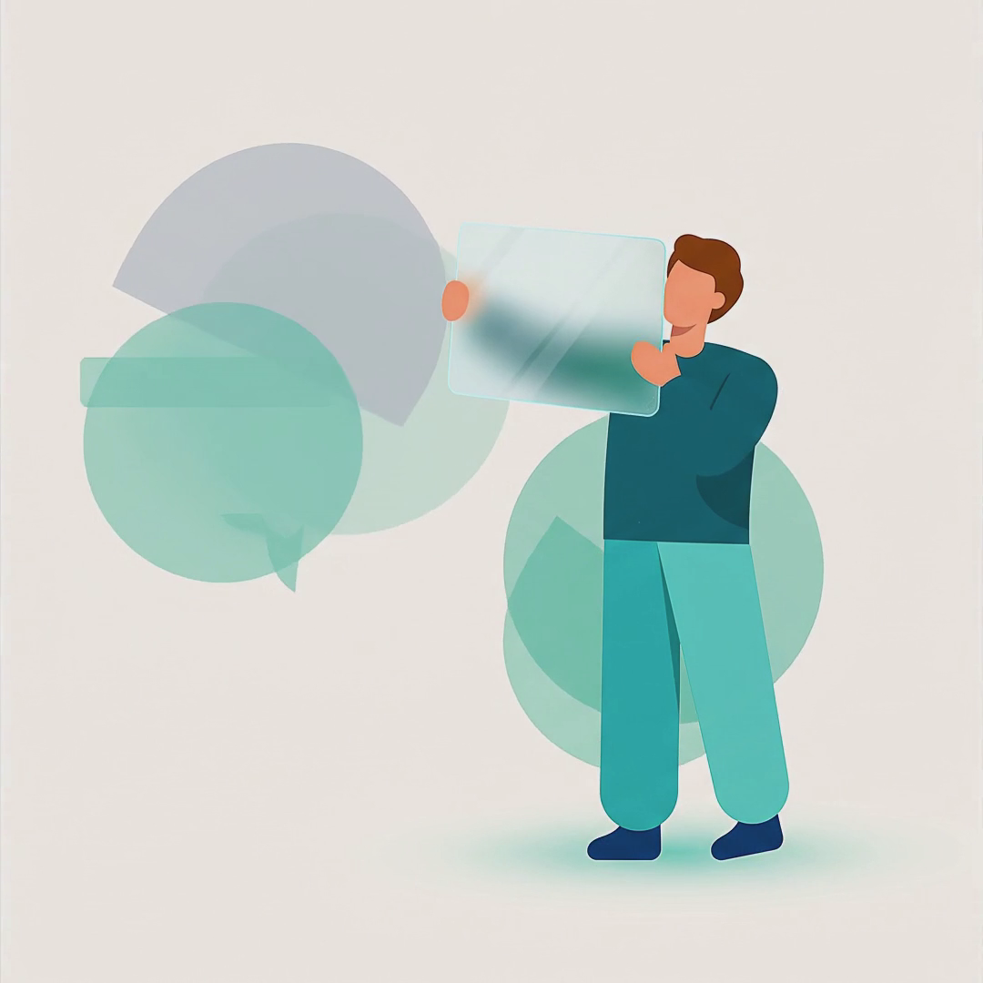2D corporate explainer style video. A man holds a translucent glowing tablet and lifts it up to experience its magic
