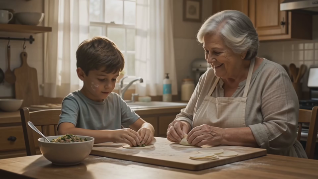 Warm kitchen scene: a grandmother teaches her grandson to fold dumplings, she laughs and says 'Not too much filling, patience!', flour dust catches the window light